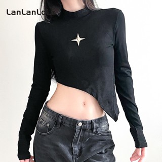 Lanlanlolo เสื้อครอปลําลอง แขนยาว คอสูง ทรงไม่สมมาตร สีพื้น แฟชั่นสําหรับสตรี 2023