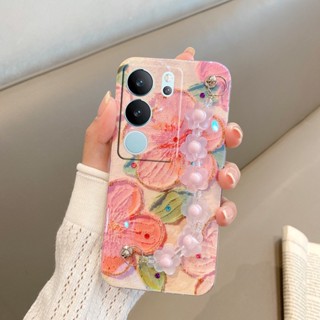 ใหม่ พร้อมส่ง เคสโทรศัพท์มือถือนิ่ม ปิดด้านหลัง ลายดอกไม้ ระยิบระยับ พร้อมสายคล้องมือคริสตัล สําหรับ VIVO V29 5G X90 Pro V295G 2023