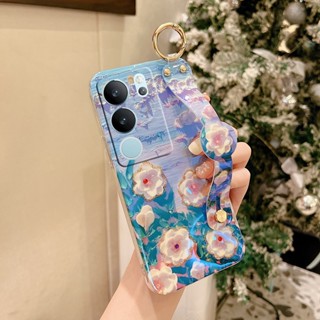 พร้อมส่ง เคสโทรศัพท์มือถือ TPU นิ่ม ปิดด้านหลัง ลายดอกไม้ สีม่วง สีชมพู พร้อมสายรัดข้อมือ สําหรับ VIVO V29 5G X90 Pro 2023