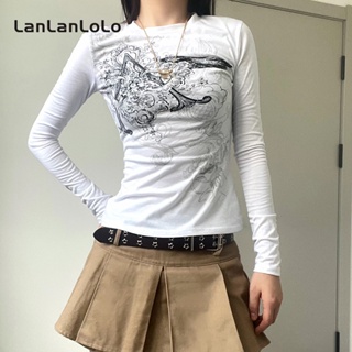 Lanlanlolo เสื้อลําลอง แขนยาว คอกลม พิมพ์ลาย แฟชั่นสําหรับสตรี 2023