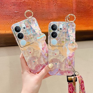 ใหม่ พร้อมส่ง เคสโทรศัพท์มือถือ TPU นิ่ม ลายดอกไม้สีม่วง พร้อมสายคล้องคอ และสายคล้องคอ สําหรับ VIVO V29 5G X90 Pro V295G 2023