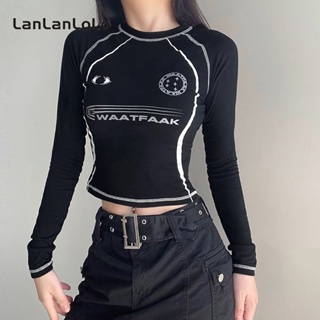 Lanlanlolo เสื้อครอปลําลอง แขนยาว คอกลม พิมพ์ลาย สีตัดกัน แฟชั่นสําหรับสตรี 2023