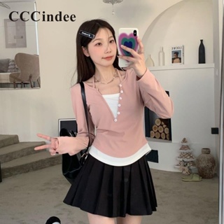 Cccindee ใหม่ เสื้อกันหนาวลําลอง แขนยาว เข้ารูป ติดกระดุม ทรงไม่สมมาตร สีตัดกัน แฟชั่นสําหรับสตรี 2023