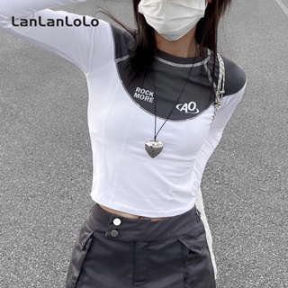 Lanlanlolo เสื้อครอปลําลอง แขนยาว คอกลม รัดรูป สีตัดกัน เข้ากับทุกการแต่งกาย แฟชั่นสําหรับสตรี 2023