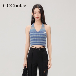 Cccindee ใหม่ เสื้อสายเดี่ยว คอวี แขนกุด ลายทาง สีพื้น แฟชั่นสําหรับสตรี 2023