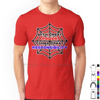 ใหม่ เสื้อยืด ผ้าฝ้าย 100% พิมพ์ลายการ์ตูนซูเปอร์ฮีโร่ Great Power Comes Great Responisision สําหรับผู้ชาย