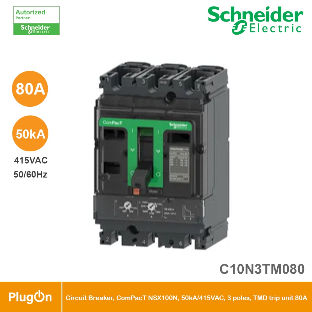 Schneider Circuit Breaker, ComPacT NSX100N, 50kA/415VAC, 3P, TMD trip unit 80A C10N3TM080 l PlugOn
