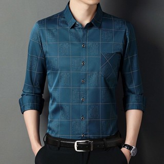 Spot high quality] 2023 New Autumn shirt Mens Middle-aged Dad has a pocket shirt non-ironing plaid shirt mens long-sleeved inch shirt casual fathers shirt