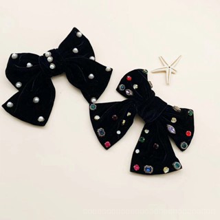 0825FS Korean Style Velvet Big Bow Hairpin Retro Exquisite Rhinestone Back Head Hairpin High-End Temperament Spring Clip Hair Accessory CQ1Y