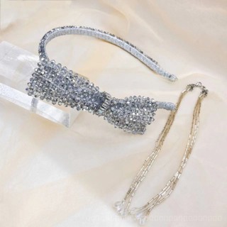 0825FS Korean Zircon Crystal Bow Headband Heavy Industry Woven Detachable Tassel Earrings Headband Advanced Sweet Hair Accessories 7VM8