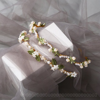 0825FS Korean Style Rhinestone Pearl Leaves Headband Fresh Handmade Beaded Flowers Alloy Headband Internet Celebrity All-Matching Princess Hair Accessories QSYP