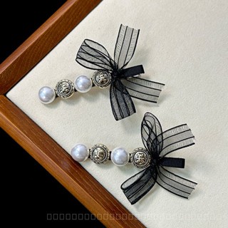 0825FS Korean Mesh Bow Pearl Barrettes Side Bang Clip High Sense Temperament Entry Lux Rhinestone Duckbill Clip JC6U