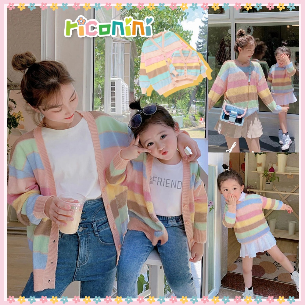 Riconini เสื้อกันหนาว เสื้อคาร์ดิแกน ผ้าถัก สีรุ้ง แฟชั่นฤดูใบไม้ร่วง สําหรับแม่ และลูกสาว 2023