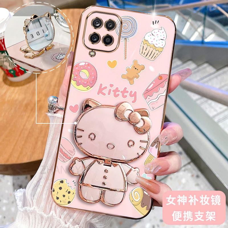 ปลอก Samsung A12 M32 A22 4G A22 5G M33 5G M53 5G เคสโทรศัพท์ซิลิโคนกันกระแทกออกแบบใหม่ Hello Kitty Cat พร้อมกระจกแต่งหน้าแบบพกพา 3D Holder และ SoftCase