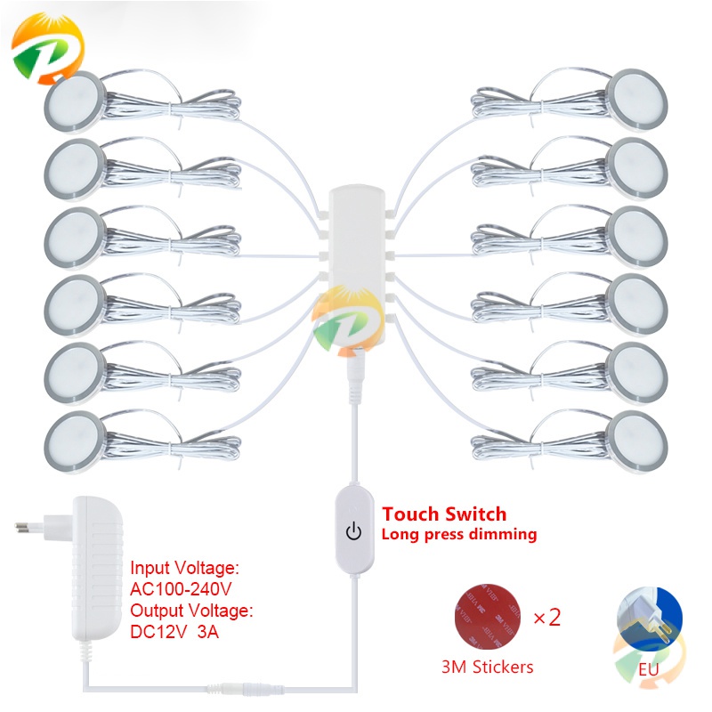 ชุดสวิตช์ควบคุมไฟ LED DC12V หรี่แสงได้ ทรงกลม 3W 5W สําหรับตู้เสื้อผ้า DIY