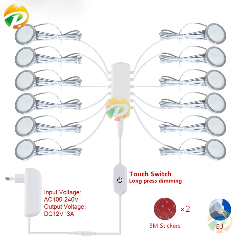 ชุดสวิตช์ควบคุมไฟ LED DC12V หรี่แสงได้ ทรงกลม 3W 5W สําหรับตู้เสื้อผ้า DIY