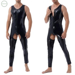 GORGEOUS~Mens Wet Look Jumpsuit Bodysuit PVC Leather Shiny Crotchless  Clubwear