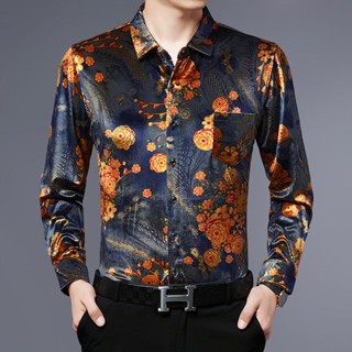 Spot printed shirt mens wear spring and autumn new long-sleeved mens flower shirt high-grade leisure Chinese style vintage inch shirt broken flower anti-wrinkle gold velvet blouse for boys