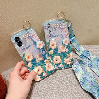 เคสโทรศัพท์มือถือแบบนิ่ม ประดับกลิตเตอร์ พลอยเทียม ลายดอกไม้ พร้อมสายคล้องข้อมือ และสายคล้องยาว สําหรับ Honor90 Honor 70 90 Lite 5G 2023