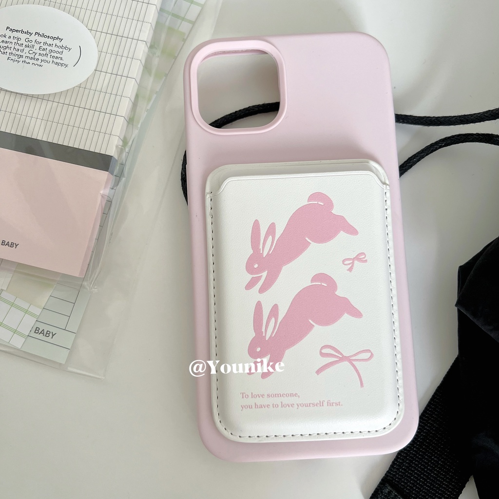 หวานน่ารักสาวสีชมพู16มือโปรซิลิโคนเหลวกระต่ายผู้ถือบัตรแม่เหล็กเหมาะสําหรับ ไอโฟน13มือโปร/14โปรแม็กซ์ แอปเปิล 15/12/14เคสโทรศัพท์เคสป้องกัน16