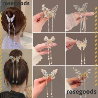 Rosegoods1 กิ๊บติดผมหางม้า โลหะ รูปผีเสื้อ ปลาฉลาม ประดับพู่ ไข่มุก หรูหรา เครื่องประดับ สําหรับผู้หญิง