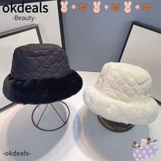 Okdeals หมวกบักเก็ต ผ้าฝ้าย ขนเฟอร์เทียม แบบนิ่ม ให้ความอบอุ่น เหมาะกับฤดูหนาว สําหรับผู้หญิง