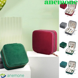 Anemone กล่องกํามะหยี่ มีซิป แบบพกพา สีพื้น สําหรับใส่เครื่องประดับ สร้อยคอ แหวน ต่างหู