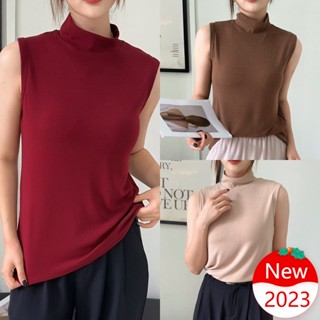 ใหม่ เสื้อยืดลําลอง แขนกุด คอสูง ทรงหลวม ยืดหยุ่น สีพื้น สําหรับสตรี 2023