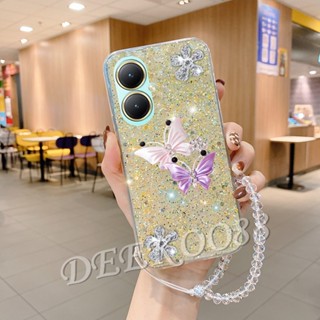 ใหม่ เคสโทรศัพท์มือถือ TPU นิ่ม ลายผีเสื้อ 3D แต่งกลิตเตอร์วิบวับ พร้อมสายโซ่คล้องมือ สําหรับ VIVOV29 VIVOY27 VIVO V29 V27 V27e Y27 Y36 Y78 Y02T Y02A 4G 5G 2023