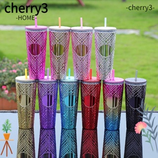 Cherry3 ขวดน้ําพลาสติก แบบสองชั้น พร้อมฝาปิด และหลอดดูด ใช้ซ้ําได้ 24 ออนซ์ สําหรับผู้หญิง