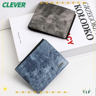 Clever กระเป๋าสตางค์หนัง PU ใบสั้น ผ้ายีน แบบบางพิเศษ ใส่เหรียญได้หลายช่อง สไตล์นักธุรกิจ สําหรับผู้ชาย