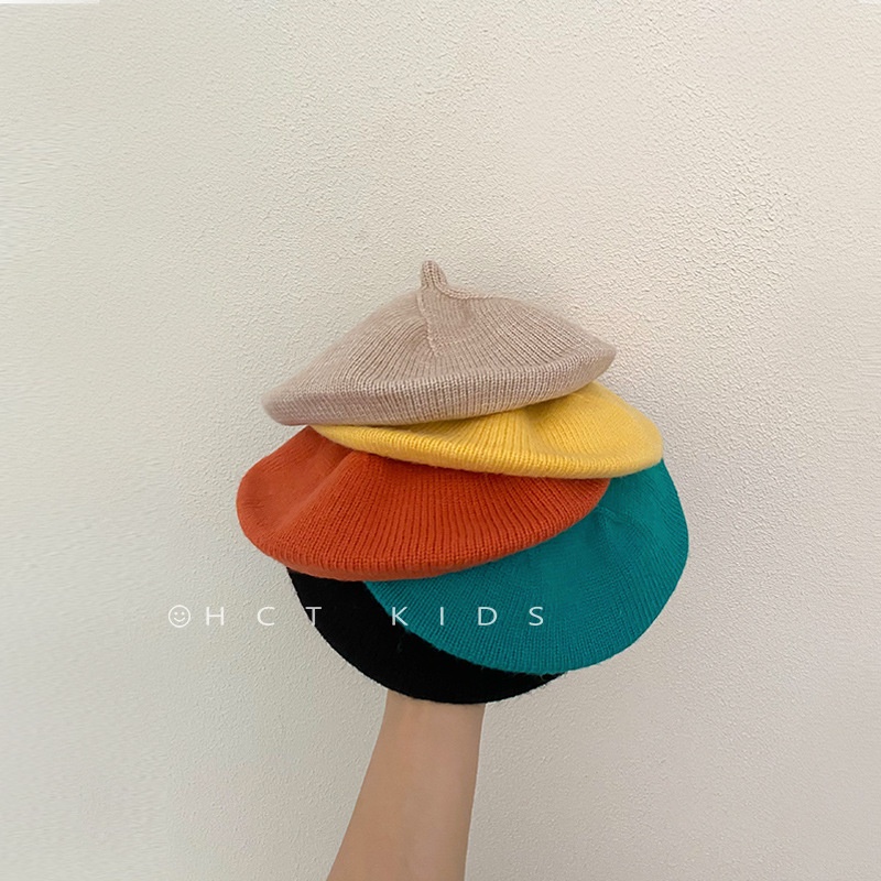 หมวกเบเร่ต์ ผ้าถัก แบบบาง สีแคนดี้ แฟชั่นฤดูใบไม้ผลิ และฤดูใบไม้ร่วง สําหรับเด็กผู้หญิง