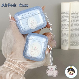 เคสหูฟังบลูทูธไร้สาย ซิลิโคนแข็ง ประดับโบว์ จี้หมีน่ารัก สีฟ้า สําหรับ Airpods 1 2 3 pro 2