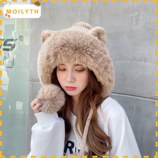 Moilyth หมวกบีนนี่ ผ้าถัก แต่งขนเฟอร์ แต่งหูแมว ให้ความอบอุ่น แฟชั่นฤดูหนาว