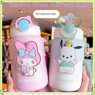 Sanrio กระติกน้ําร้อน สเตนเลส มีฉนวนกันความร้อน ลายตุ๊กตา 3D พร้อมหลอดดูด สําหรับตุ๊กตา Kuromi My Melody Cinnamoroll