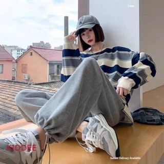 👨‍👨‍👧‍👧Kiddee👩‍❤️‍👩 เสื้อแขนยาวผ้า COTTON คอกลม Oversize ลายทาง กันหนาว ผ้าหนา #392