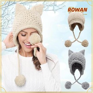 Rowans หมวกบีนนี่ถักโครเชต์ สีพื้น ป้องกันหู ให้ความอบอุ่น เหมาะกับฤดูหนาว ใส่ได้ทุกวัน