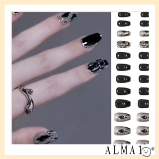 Alma เล็บปลอม คริสตัล สีดํา สไตล์ฝรั่งเศส DIY 24 ชิ้น