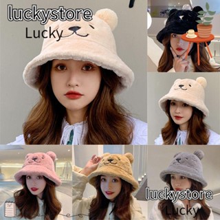 Lucky หมวกบักเก็ต ประดับขนเฟอร์ แบบหนา ให้ความอบอุ่น แฟชั่นสําหรับผู้หญิง