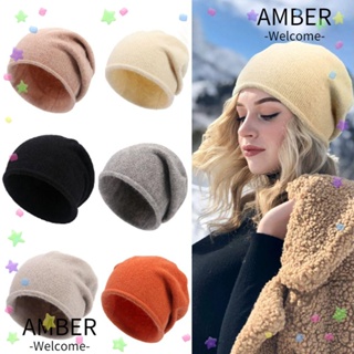 Amber หมวกบีนนี่ลําลอง ผ้าฝ้ายแคชเมียร์ แบบหนา ให้ความอบอุ่น สีพื้น แฟชั่นฤดูหนาว