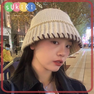 Sukiki หมวกบักเก็ต ผ้าขนสัตว์ แบบหนา ลายทาง ให้ความอบอุ่น ของขวัญคริสต์มาส สําหรับผู้หญิง