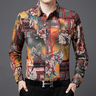 Spot high quality] printed shirt mens middle-aged 2023 autumn new long-sleeved shirt broken flowers leisure thin high-grade vintage Chinese fashion brand boys clothing