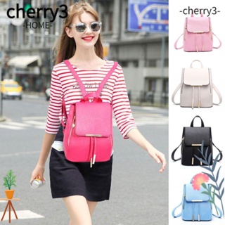 Cherry3 กระเป๋าเป้สะพายหลัง กระเป๋านักเรียน หนัง PU แต่งซิปคู่ สีพื้น เรียบง่าย สําหรับผู้หญิง