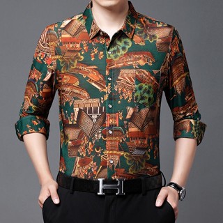 Spot high-quality] floral shirt 2023 spring and autumn new mens printed shirt long-sleeved shirt broken flower leisure thin-style high-grade vintage Chinese fashion brand inch shirt boys clothing