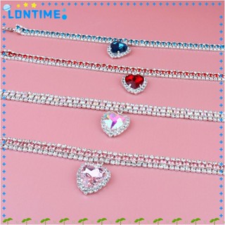 Lontime ปลอกคอ จี้รูปหัวใจ ประดับพลอยเทียม ปรับได้ สําหรับสัตว์เลี้ยง แมว