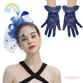 June ถุงมือลูกไม้สั้น, หมวกค็อกเทล หมวกแต่งงาน หมวก Fascinator, เครื่องประดับผมตาข่ายขนนก กิ๊บติดผม ชาปาร์ตี้ ที่คาดผม หมวกค็อกเทล ผู้หญิง