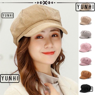 Yunhi หมวกปีกสั้น ผ้าลูกฟูก ทรงแปดเหลี่ยม สีพื้น สไตล์วินเทจ สําหรับผู้หญิง