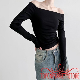 Topone- เสื้อยืดครอป แขนยาว เปิดไหล่ สีพื้น สําหรับผู้หญิง