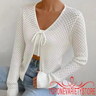 Topone- เสื้อแจ็กเก็ตคาร์ดิแกน แขนยาว ผ้าถัก ฉลุลาย สีพื้น สําหรับผู้หญิง