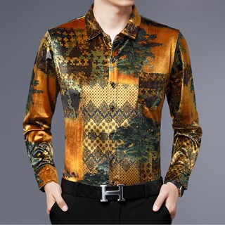 Spot printed shirt mens wear spring and autumn new long-sleeved mens flower shirt high-grade business leisure Chinese style vintage minority broken flower anti-wrinkle gold velvet blouse for boys